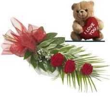 3 Red Roses In Vase & Teddy Bear (Standard)