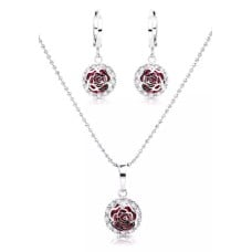 Camellia Flower Diamond Simulant Ruby Hoop Earrings and Necklace Set