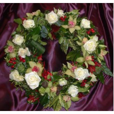 Greek wreath of orchids, roses and fruit with (Medium)