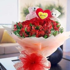 Bears With 12 Red Roses And  Astromelia Handbouquet