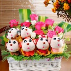 8 Hot Pink Roses And  6 Plush Monkeys Gift Basket