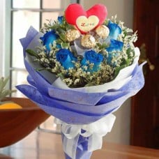 8 Blue Roses With 3 Ferrero Rocher And Heart-Shape Tag At Center