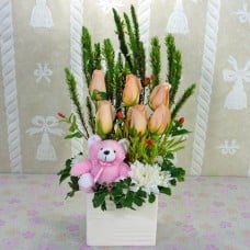 6 Champagne Roses With Bear Table Arrangement