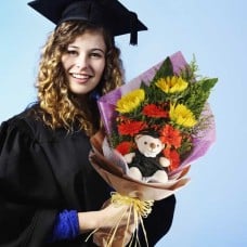 6" Graduation Bear With 3 Sunflowers Hand Bouquet
