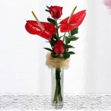 Red Anthurium And  Roses In Glass Vase