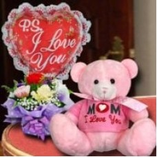 (Mom i Love You) Bear & 3 Mixed Carnations Standing Bouquet