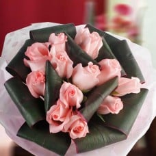 12 Peach Roses W/Foliage Hand Bouquet