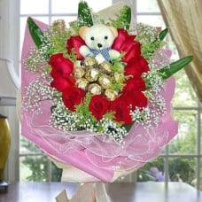 11 Red Roses With 9 Ferrero Roche And Bear Hand Bouquet