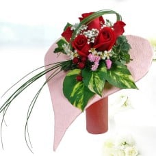 Money Plant Foliage And  Red Roses Heart Shape Bouquet