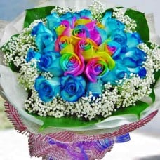 9 Rainbow Roses And  20 Blue Roses Hand Bouquet