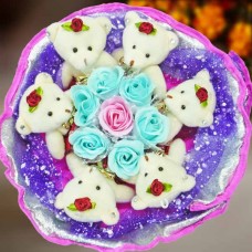 7 Soap Roses And  6 Mini Bears Hand Bouquet