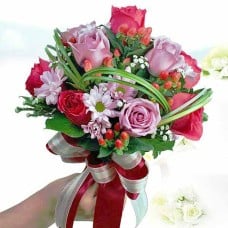 6 Hot Pink And  6 Yam Color Roses Bridal Bouquet