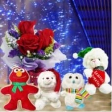 4 XMas Stuffed Toys With Roses Standing Bouquet