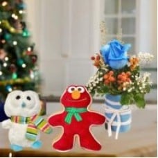 2 XMas Stuffed Toys With Blue Rose Standing Bouquet.