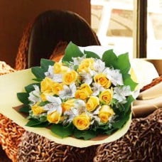 White Astromedia With 15 Yellow Roses Hand Bouquet