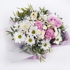A bouquet of pink roses, white chrysanthemums, greenery and in beautiful packaging. (Small)