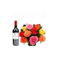 Multicolored Roses With A Bottle Of Wine !!