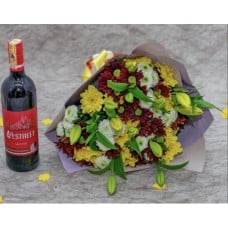 A MIXED BOUQUET OF FRESH COLORED FLOWERS WITH A WINE ! (Small)