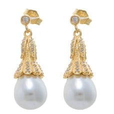 Vermeil Sterling Silver Pearl Drop & CZ Earrings ~ Yellow Gold