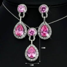 Quality Silver Tone CZ Rhinestone Necklace Earring Set ~ Pink
