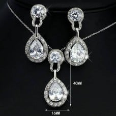 Quality Silver Tone CZ Rhinestone Necklace Earring Set ~ White