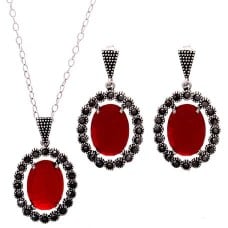 AMETHYST CZ Stone & Marcasite Earrings Pendant Set