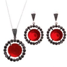 EMERALD CZ Stone & Marcasite Earrings Pendant Set
