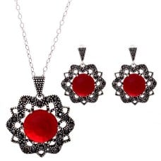 AMETHYST CZ Stone & Marcasite Earrings Pendant Blossom Set
