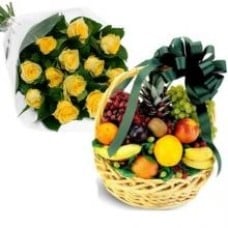 Fruit Basket With 12 Yellow Roses