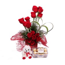 Red Roses With Ferrero Chocolates And A Free Teddy
