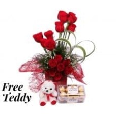 Red Roses With Ferrero Chocolates And A Free Teddy