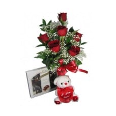 6 Red Roses With Chocolates And Free Teddy Bear
