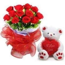 12 Red Roses And Small Teddy Bear