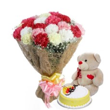18 Assorted Carnations Bouquet,1 Lb Cake And Free Teddy Bear