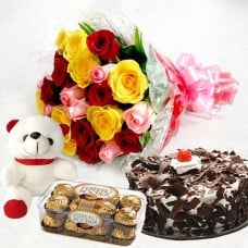 Roses, Teddy Bear, Chocolates And Chocolate Cake
