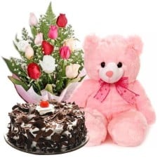 Mixed Roses &amp; Teddy Bear &amp; Black Forest Cake