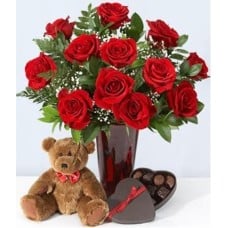 12 Red Roses, Teddy Bear And Chocolates
