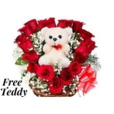 20 Red Roses Heart In A Basket With  Teddy