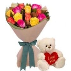 12 Multi-coloured Roses With Teddy