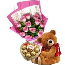 12 Pink Roses, Teddy Bear And  Chocolates