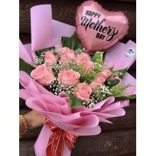 12 Pink Roses Bouquet With A Balloon