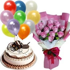 12 Pink Roses Bouquet With 1kg Vanilla Cake & 10 Pieces Latex Balloons
