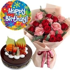 6 Red & 6 Pink Roses Bouquet, Chocolate Cake & Happy Birthday Balloon