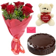 8 Red Roses Bunch, Chocolate Cake 1/2 Kg, Teddy Bear 6 Inch