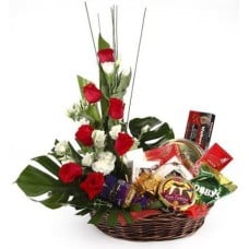 Basket Arrangement Of Roses And 10 Assorted Bars Of Chocolates