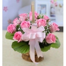 12 Pink Roses Basket