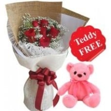 Red Roses With Free Teddy Bear