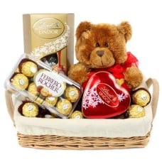 Basket Of Lindt Chocolates, Teddy Bear And 16 Ferrero Rocher