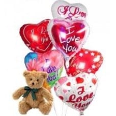 6 Heart Shaped Mylar Balloons And Teddy Bear
