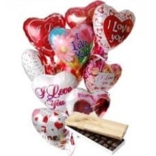 10 Heart Shaped Mylar Balloons And Box Of Chocolates